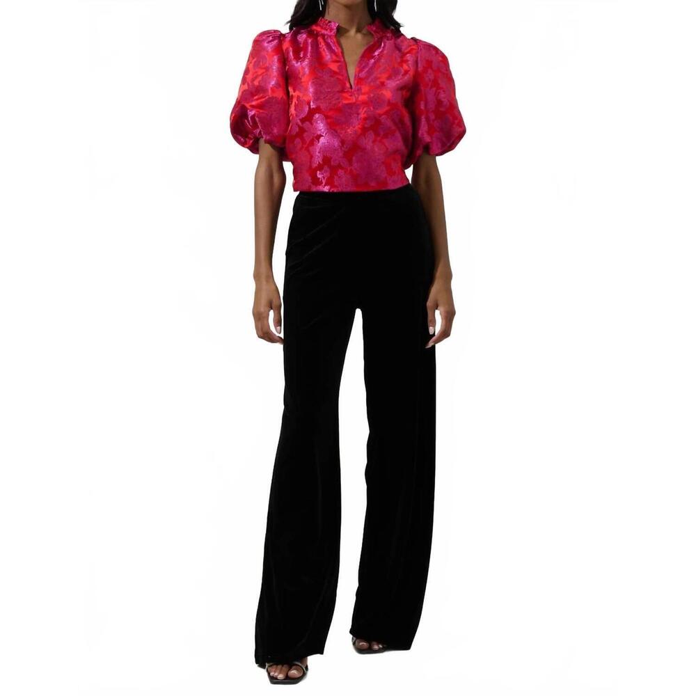 Sugarlips Red Pink Floral Jacquard Puff Sleeve Blouse - Picture 5 of 7